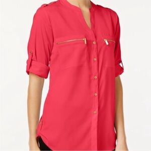 Calvin Klein Red Blouse with Gold Zipper Details